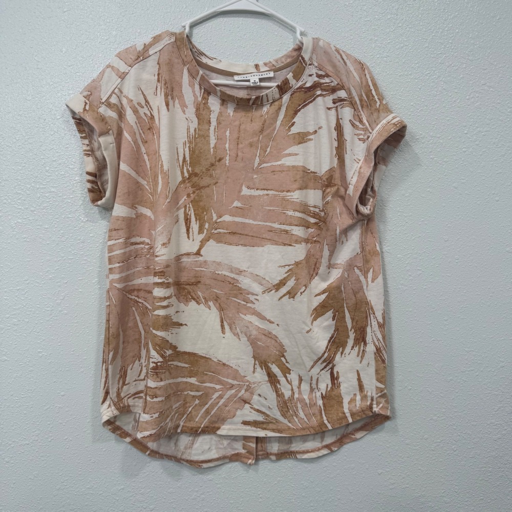 Jane + Delancey Tan Tropical Palm Print Button Back Knit Top Womens Medium